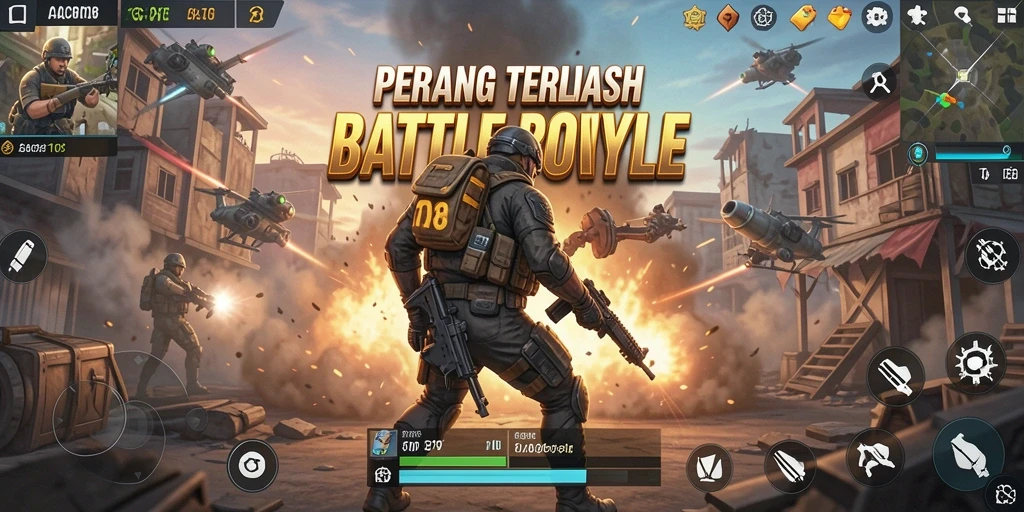 Tampilan dinamis gameplay GACOR108 saat pertempuran Battle Royale.