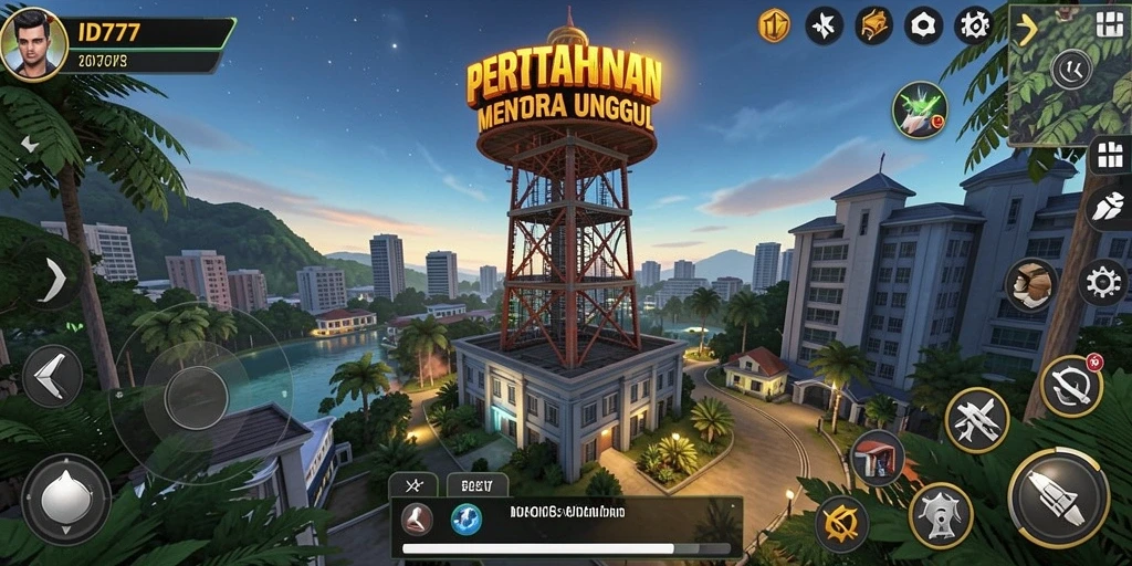 Screenshot gameplay ID777 dengan menara dan musuh yang atraktif.