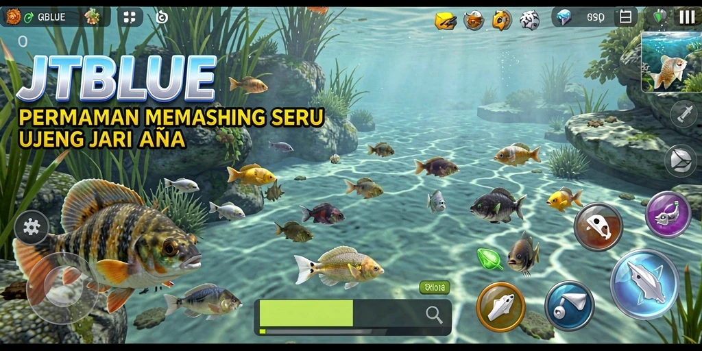 Gameplay JTBLUE yang mendebarkan saat menangkap ikan di berbagai lokasi.