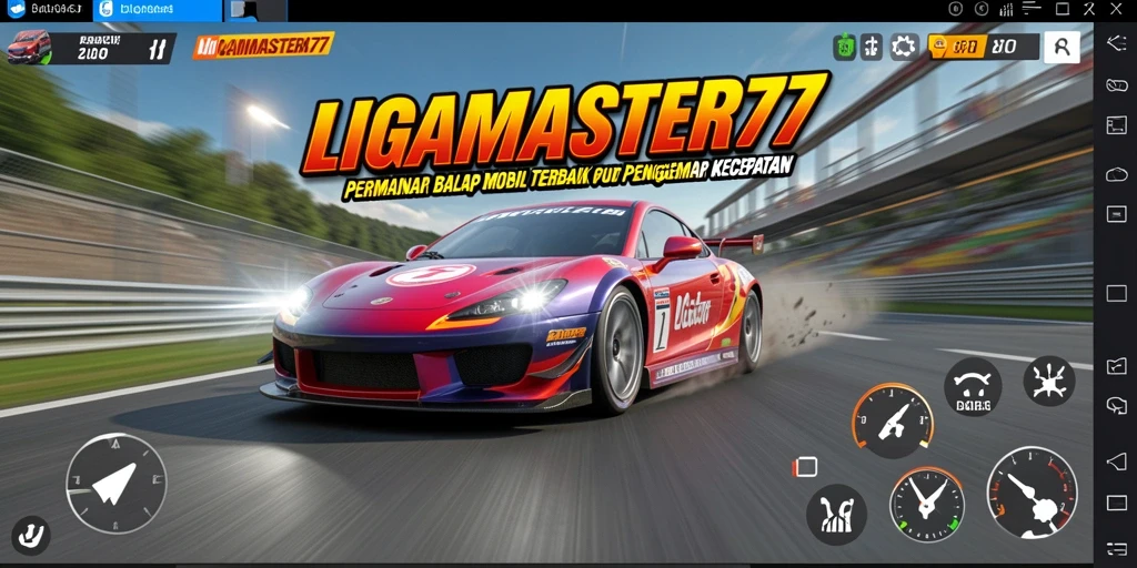 Tangkapan layar gameplay LIGAMASTER77 menampilkan balapan seru dengan mobil cepat.
