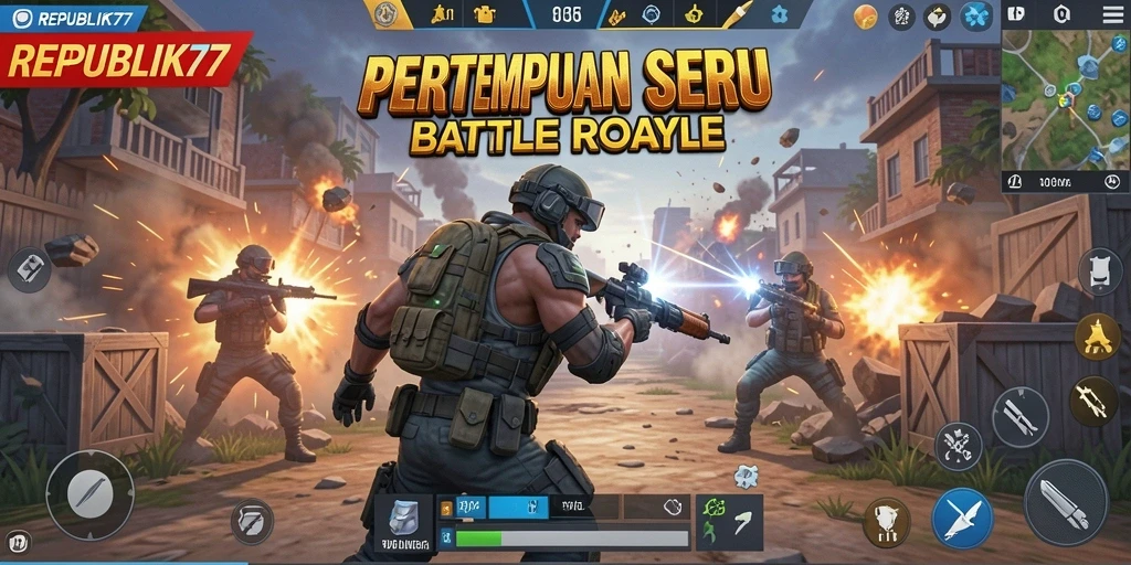 Screenshot gameplay <strong>REPUBLIK77</strong> menampilkan pertempuran seru di arena Battle Royale.