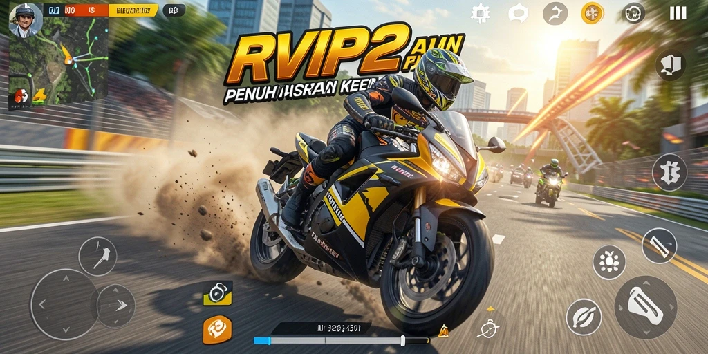 Screenshot gameplay RVIP2 menampilkan balapan motor seru di trek yang menantang.