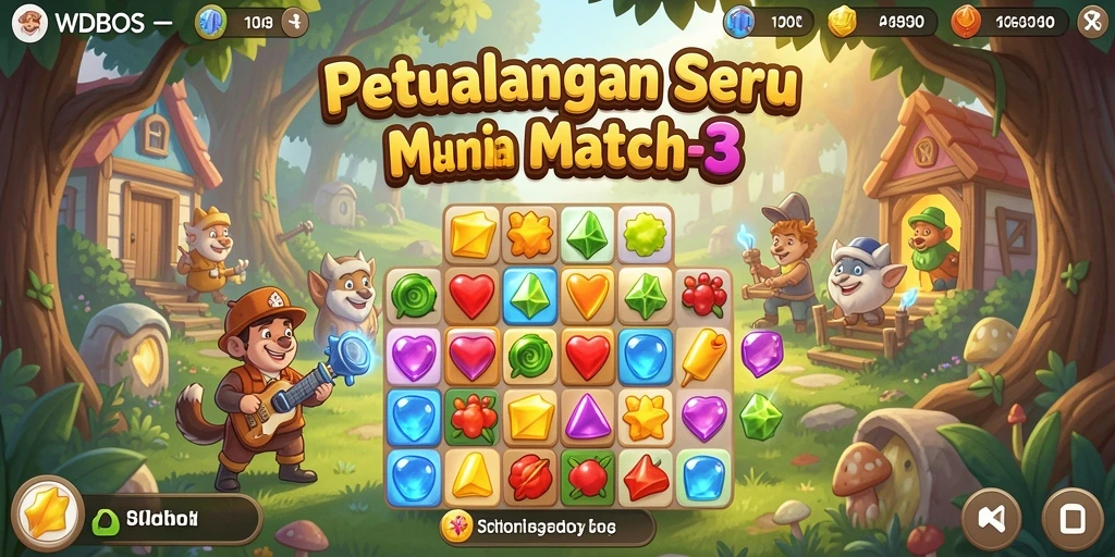Screenshot gameplay WDBOS yang menampilkan aksi mencocokkan permata.
