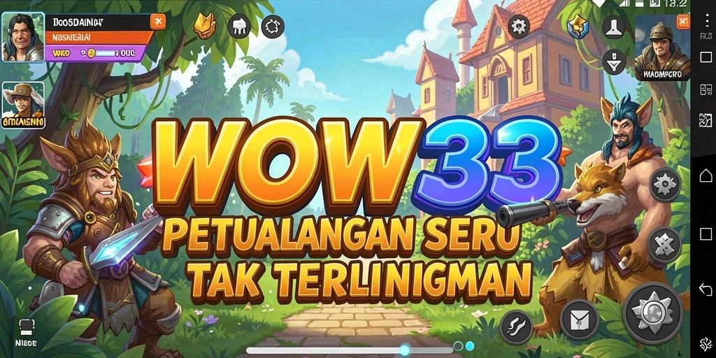 Tangkapan layar WOW33 menampilkan karakter utama menjelajahi dunia petualangan yang menakjubkan.